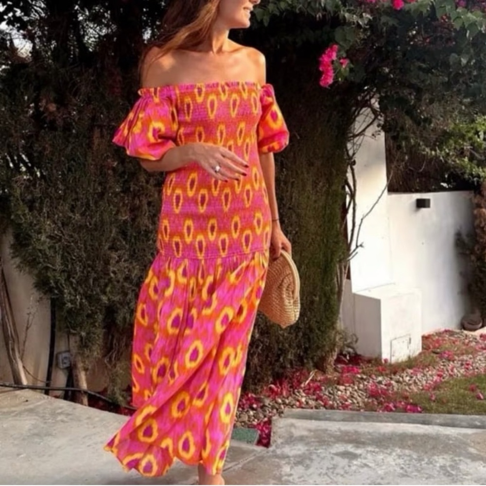 Zara Pink and Orange Off-Shoulder Maxi Dress